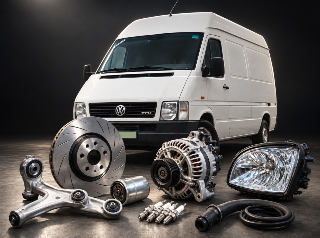 ChatGPT Image 26 сент. 2026 г., 21_24_53 Белый фургон Volkswagen в студии; на переднем плане — тормозной диск, генератор, фара и другие автозапчасти.